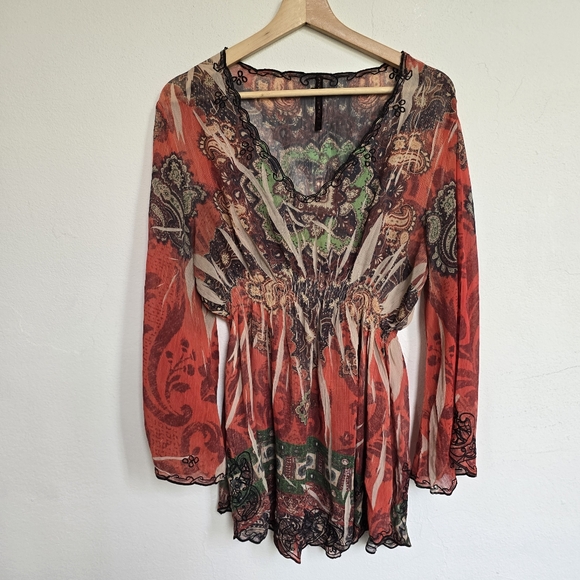 Sienna Rose Y2K Boho Paisley Orange Sheer Tunic Top Size XL - Picture 1 of 11